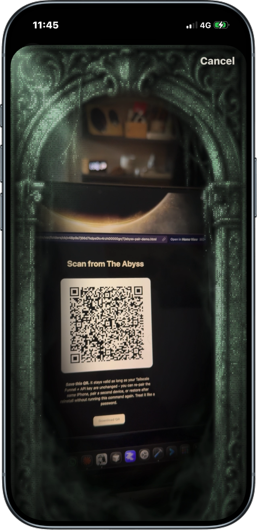 The Abyss QR pairing screen